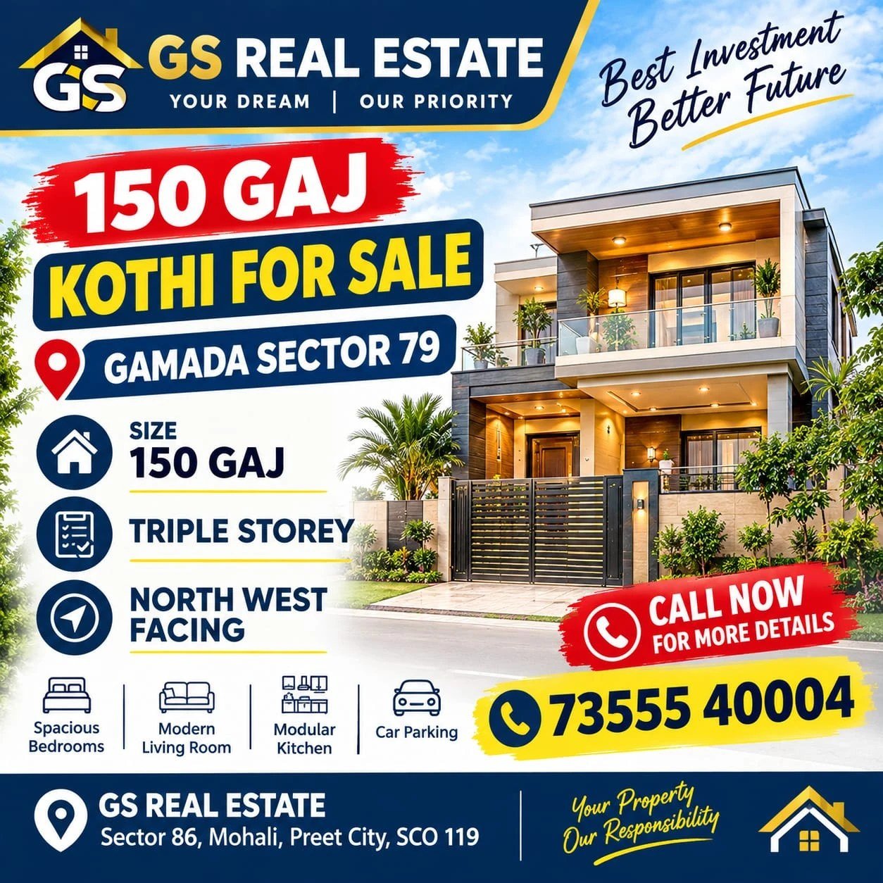 150 Gaj Triple-Storey Kothi for Sale in GMADA Sector 79, Mohali - photo